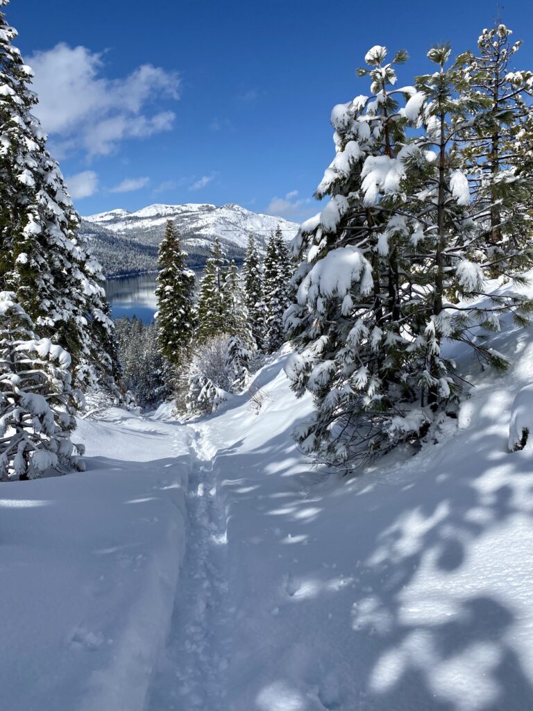 Snowy backcountry trail overlooking Donner Lake near Truckee, California